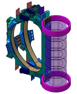 Three pre-compression rings at the top and three at the bottom of the toroidal field magnet system will help the structures withstand the terrific electro-magnet forces during machine operation. (The manufacturing contract signed in late November includes three spares.) (Click to view larger version...)